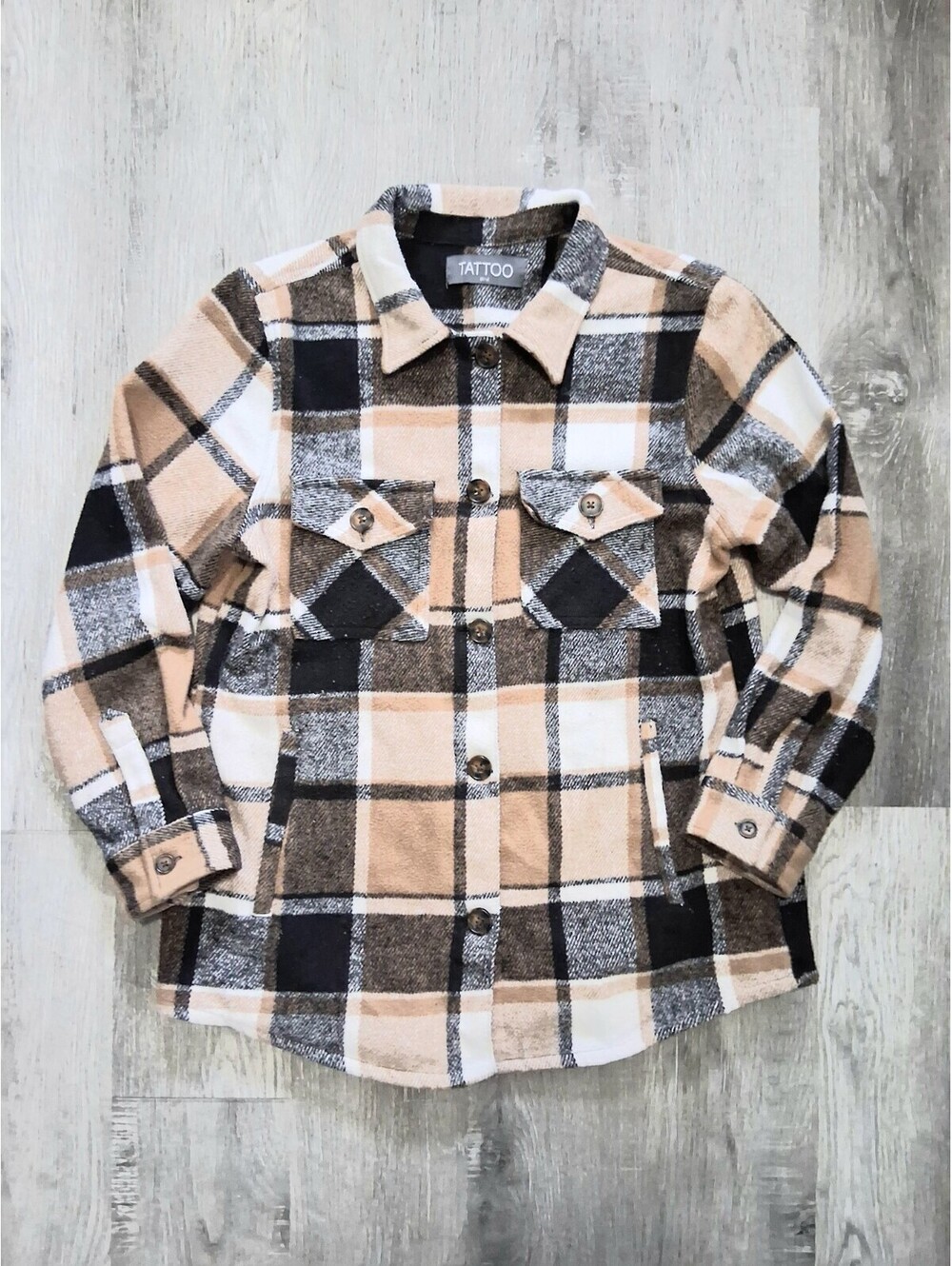 • Tattoo Women's Medium Brown Plaid Flannel Button Up Front Pockets Jacket Coat